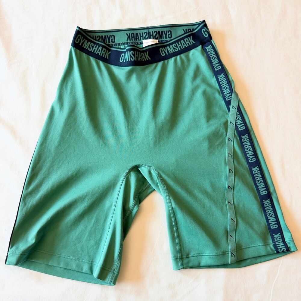Gymshark Strike High Rise Logo Taped Biker Shorts Green Small 9 Inseam B3A8E